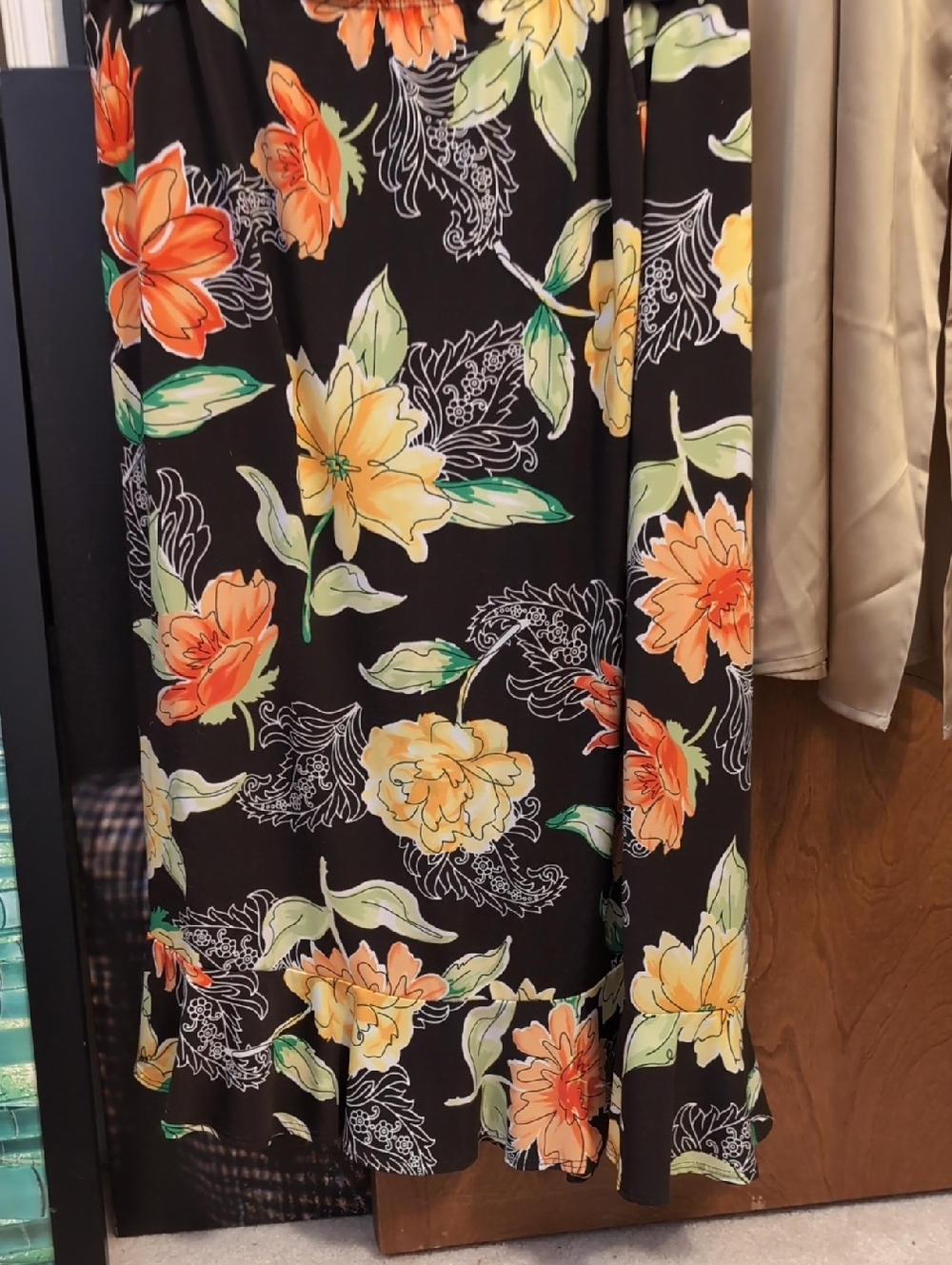 Black Floral Maxi Skirt with Orange & Yellow Blooms
